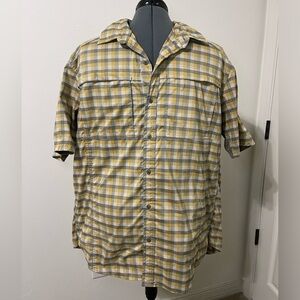 REI men’s lightweight, hiking shirt, yellow plaid, XL